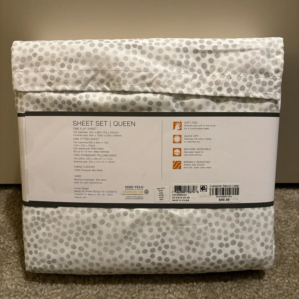 HOME DESIGN Easy Care Printed Microfiber 4-Pc. Sheet Set, Queen, Grey Dots